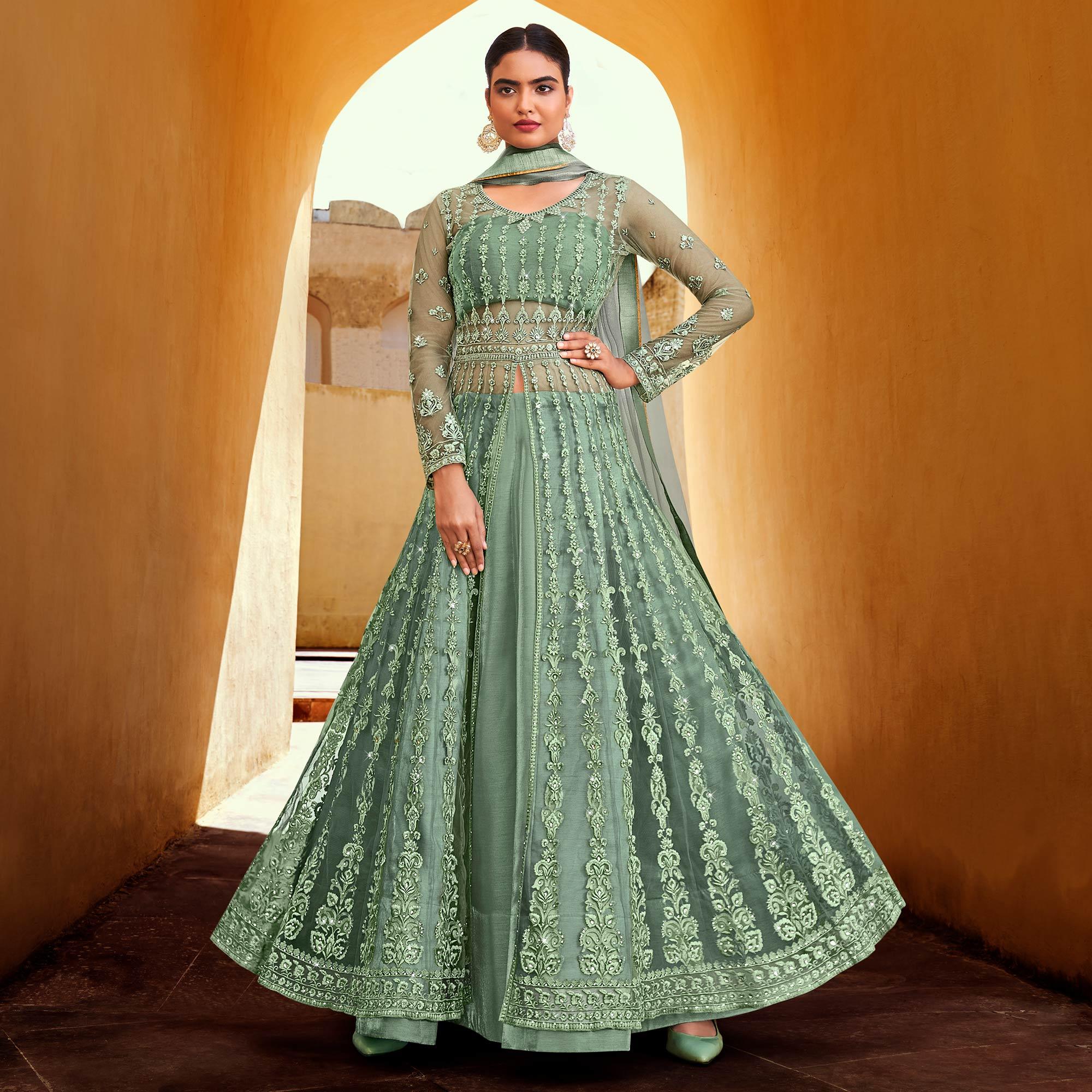 Green Partywear Embroidered with Swarovski Soft Net Suit - Peachmode