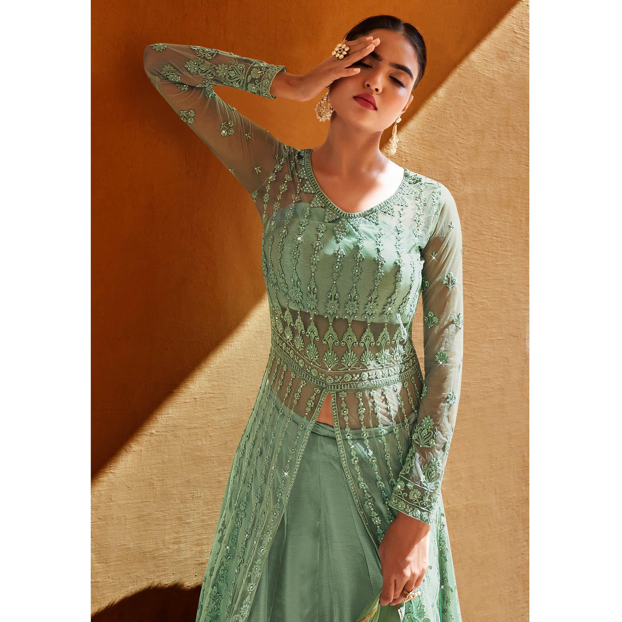 Green Partywear Embroidered with Swarovski Soft Net Suit - Peachmode