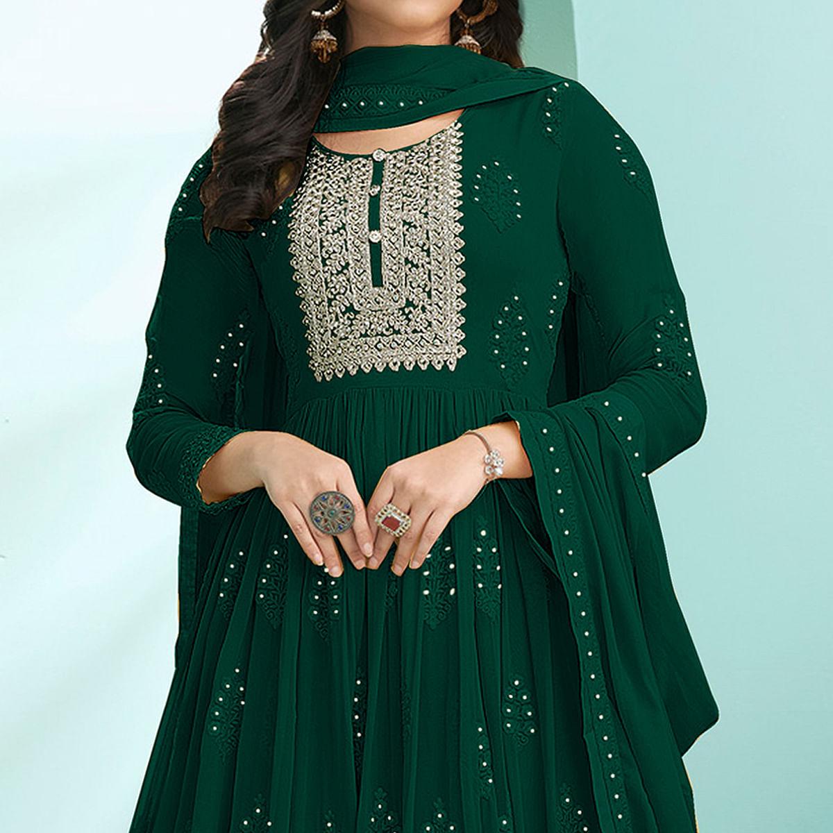 Green Partywear Embroidery With Embellished Georgette Gown - Peachmode