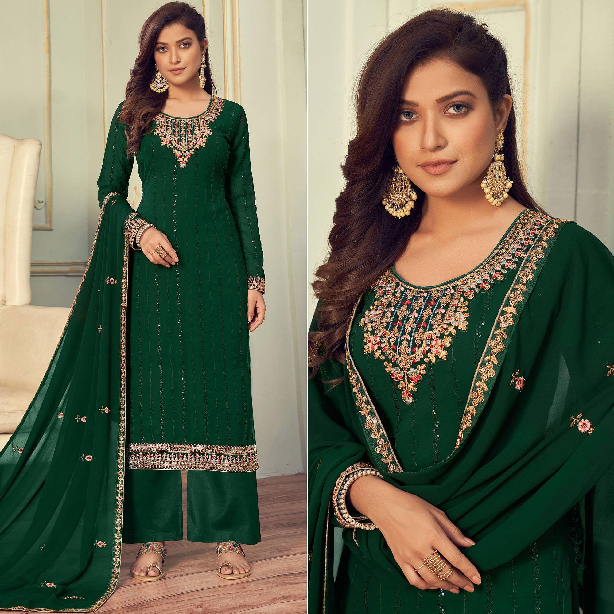 Green Partywear Embroidery With Embellished Georgette Suit - Peachmode