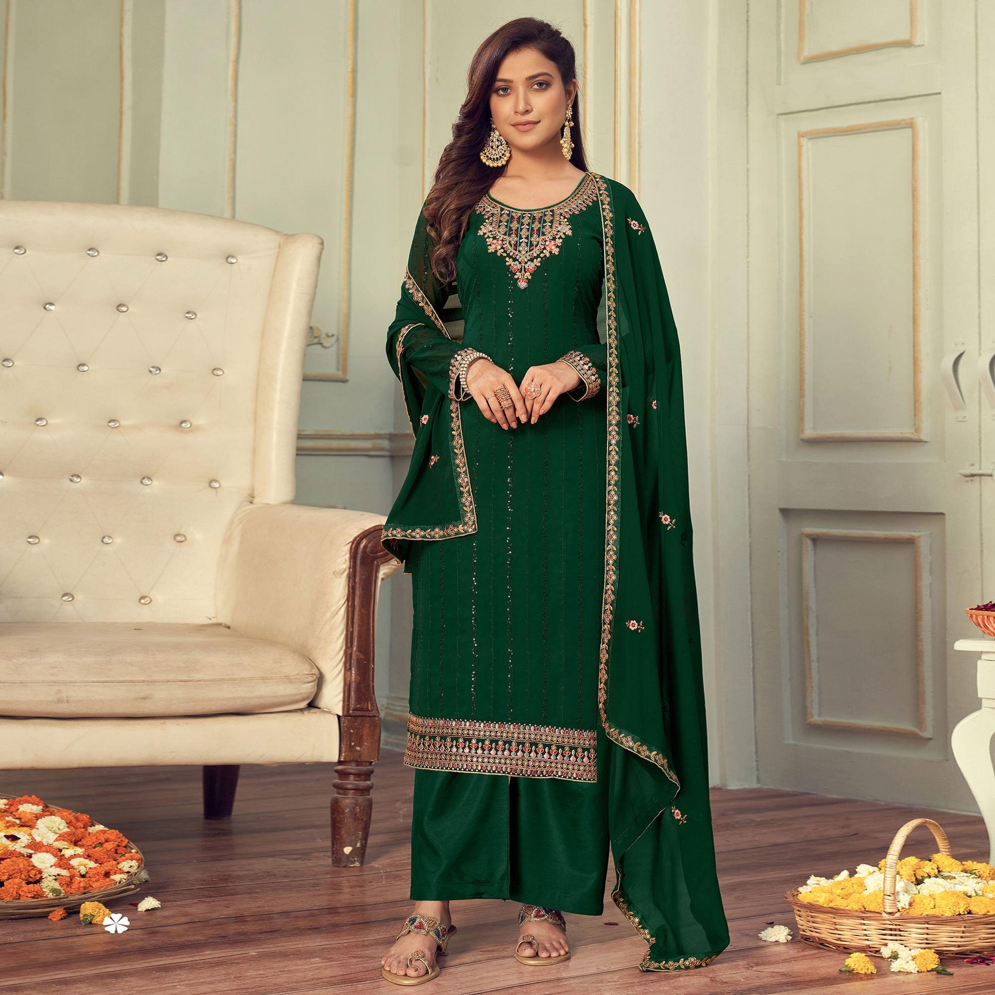 Green Partywear Embroidery With Embellished Georgette Suit - Peachmode