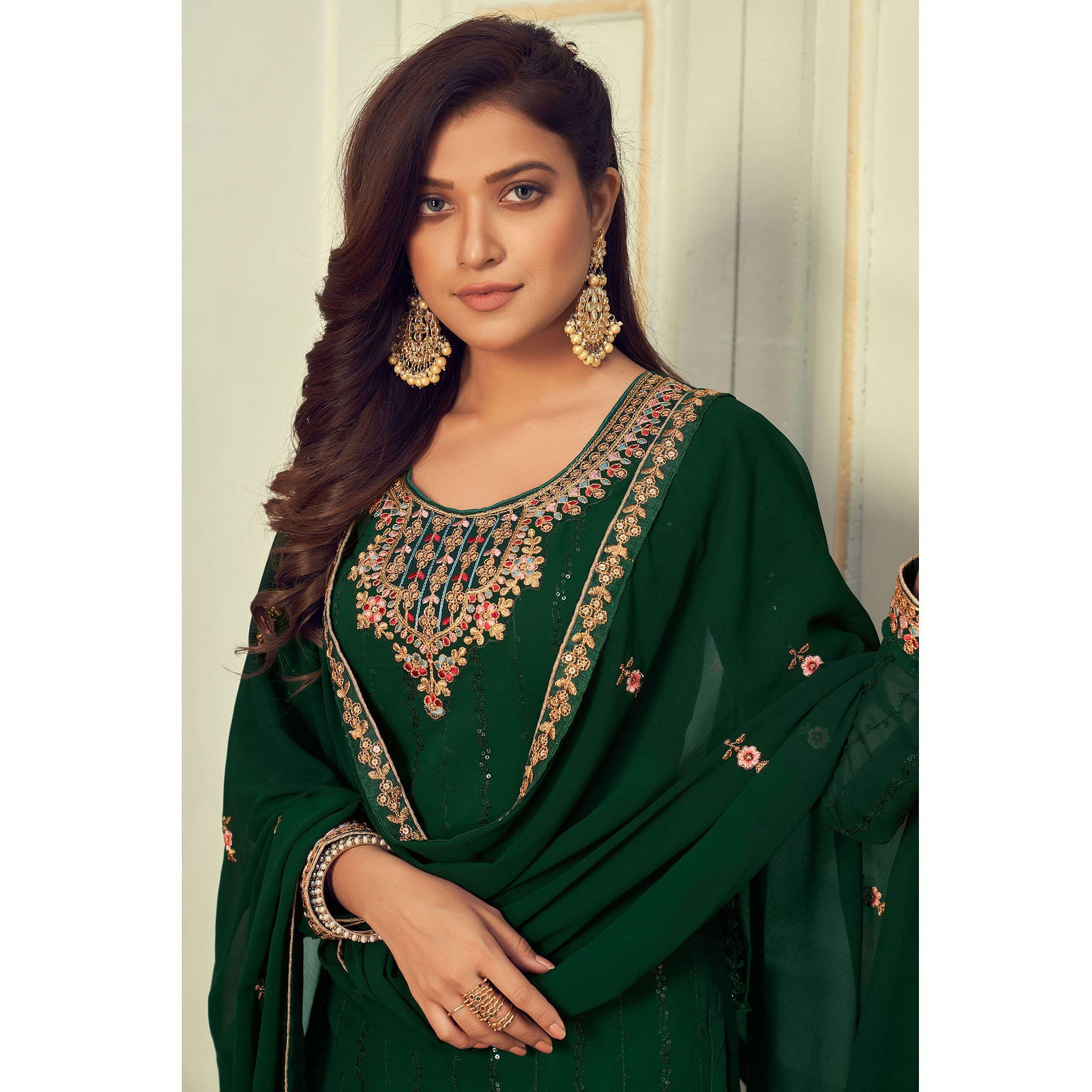 Green Partywear Embroidery With Embellished Georgette Suit - Peachmode