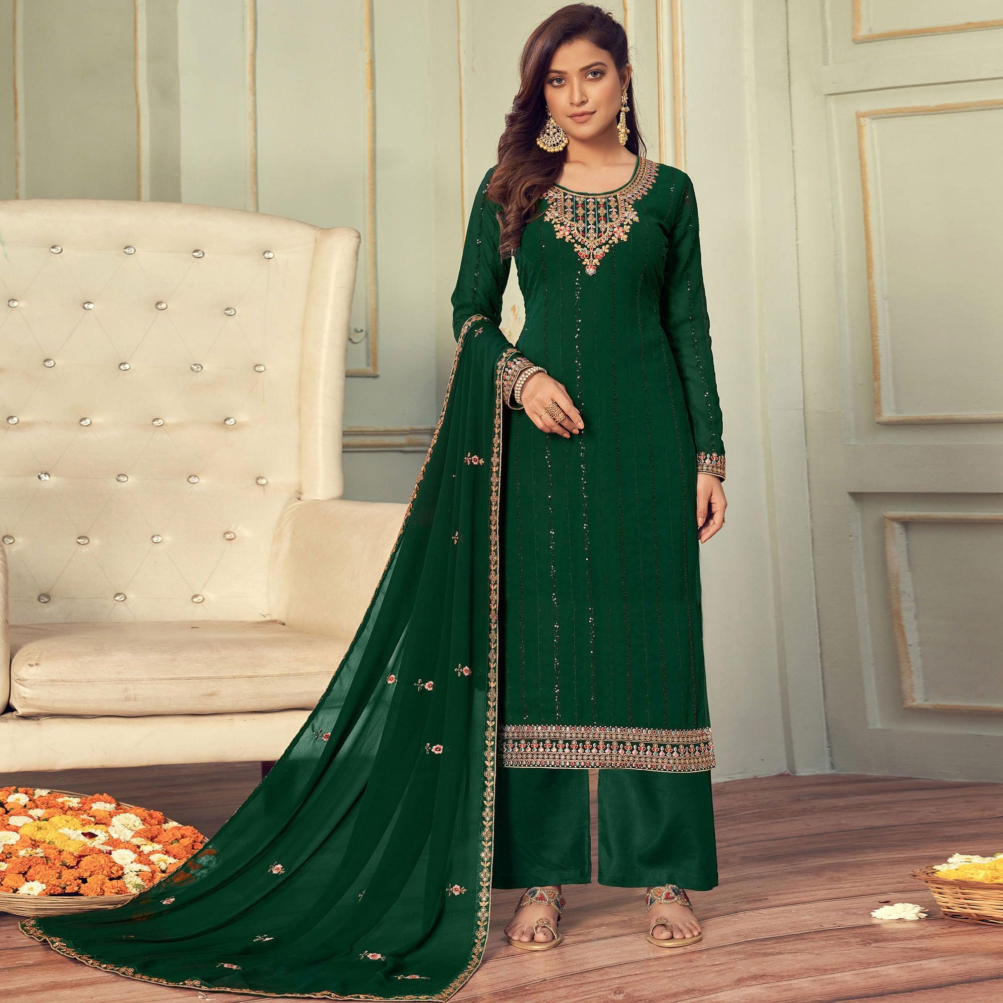 Green Partywear Embroidery With Embellished Georgette Suit - Peachmode