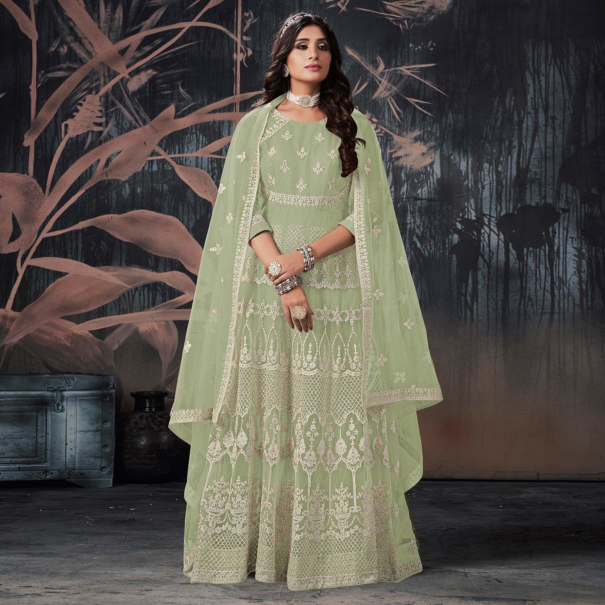Green Partywear Embroidery With Embellished Net Gown - Peachmode