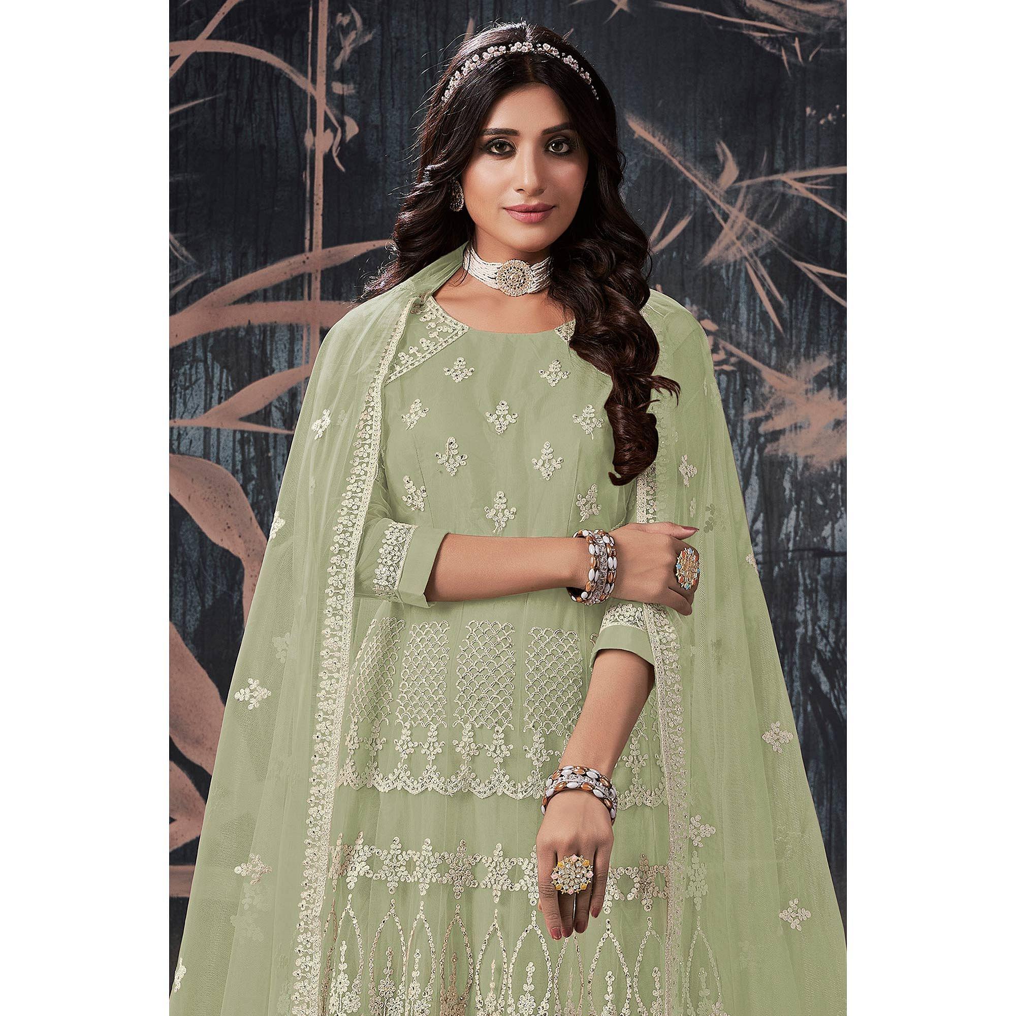 Green Partywear Embroidery With Embellished Net Gown - Peachmode