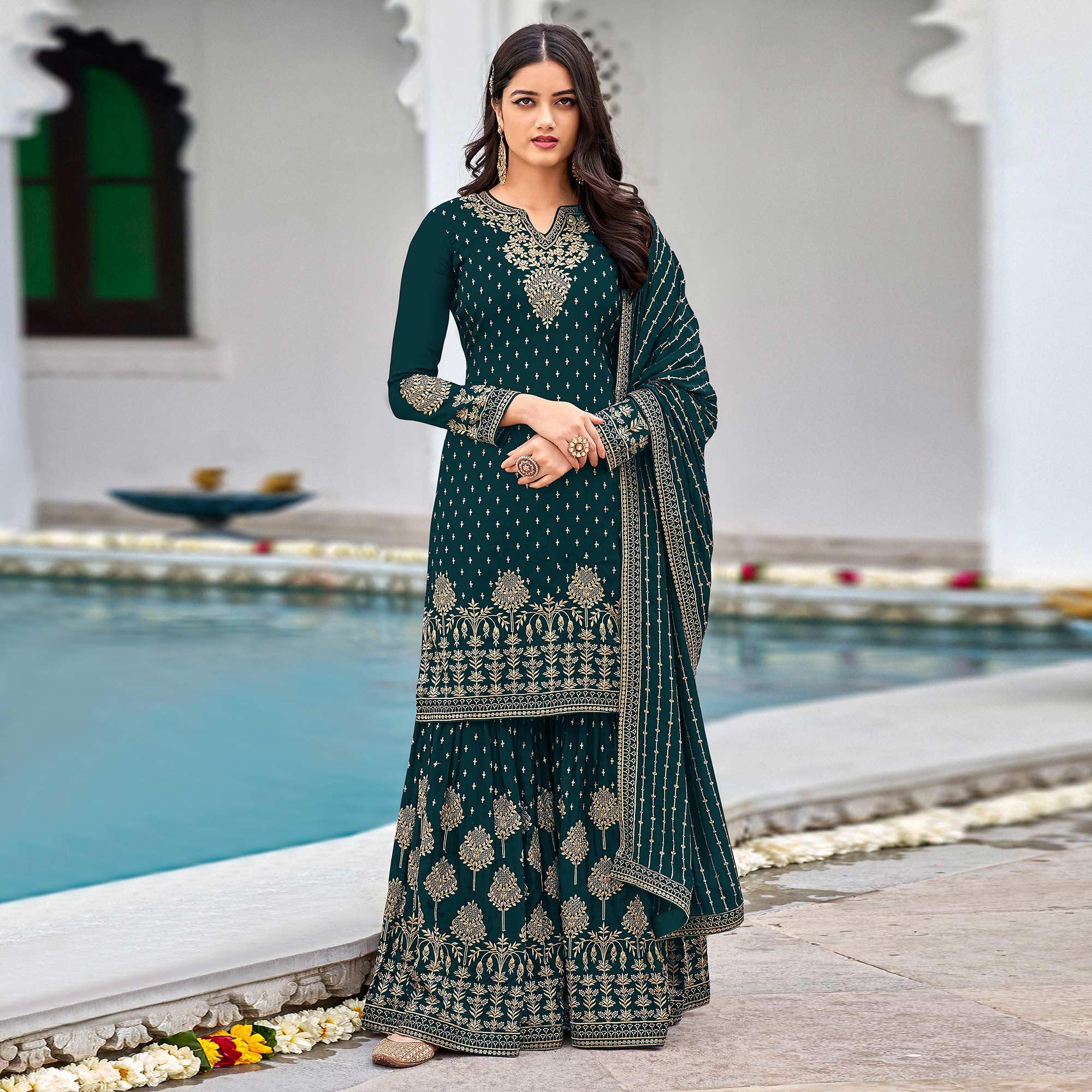 Green Partywear Embroidery With Sequence Heavy Faux Georgette Salwar Suit - Peachmode