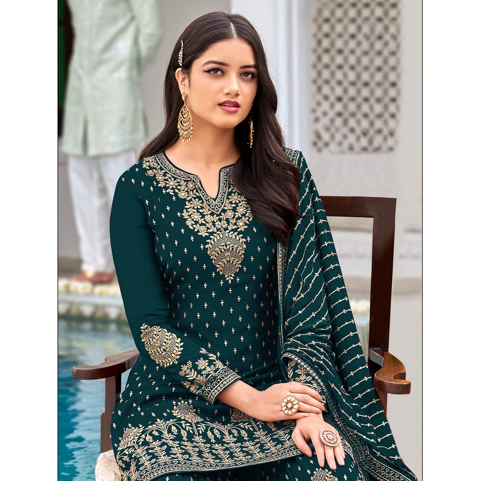 Green Partywear Embroidery With Sequence Heavy Faux Georgette Salwar Suit - Peachmode