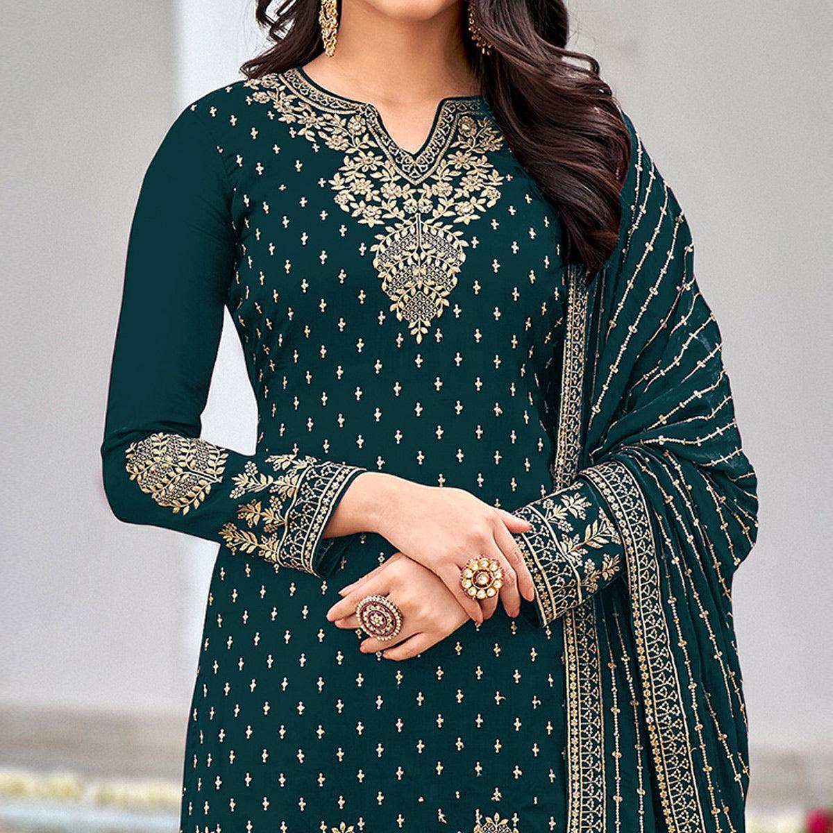 Green Partywear Embroidery With Sequence Heavy Faux Georgette Salwar Suit - Peachmode