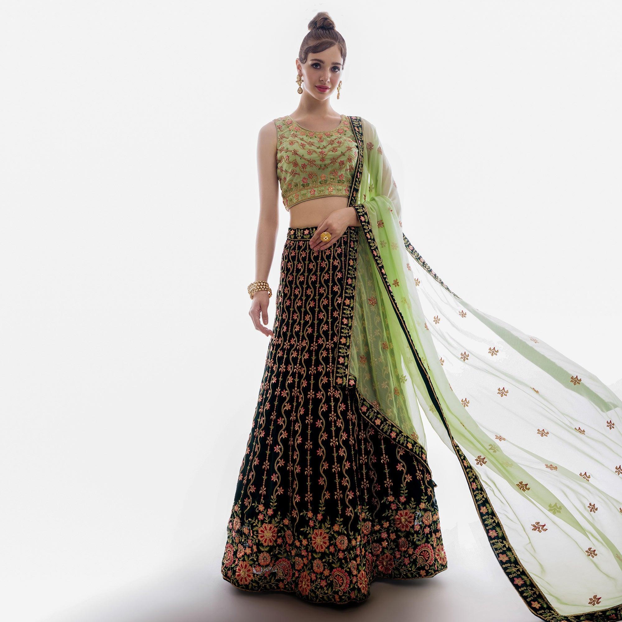 Green Partywear Floral Embroidered Georgette Lehenga Choli - Peachmode