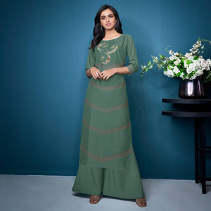 Green Partywear Floral Embroidered Handwork Silk Kurti Palazzo Set - Peachmode