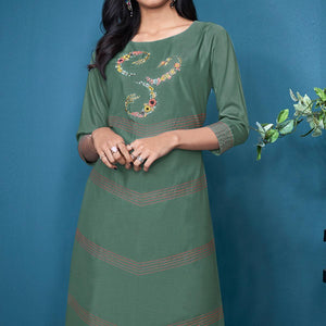 Green Partywear Floral Embroidered Handwork Silk Kurti Palazzo Set - Peachmode