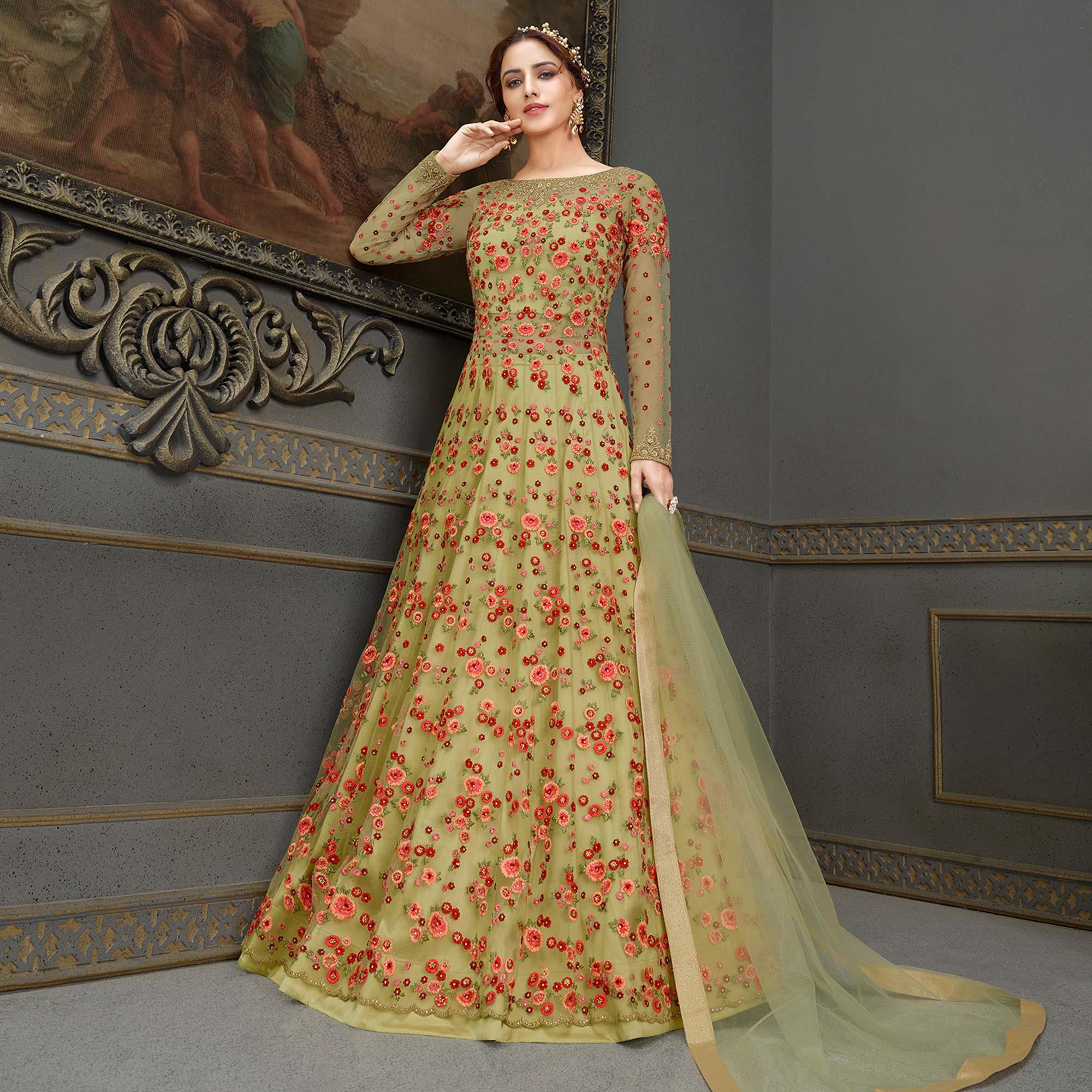 Green Partywear Floral Embroidered Handwork Soft Net Gown - Peachmode