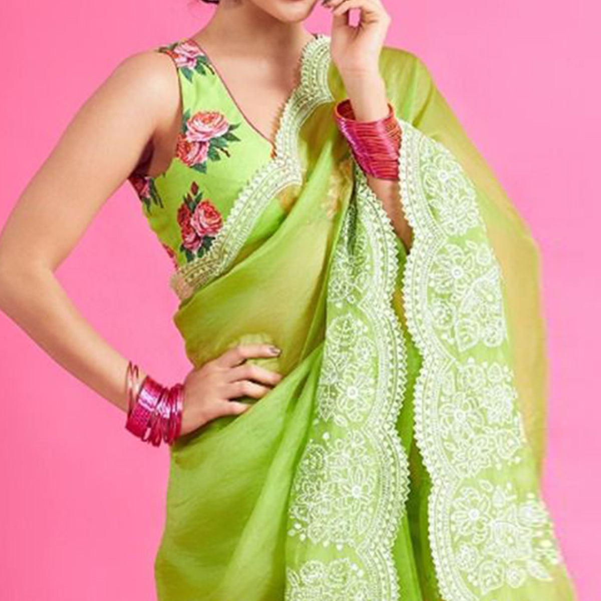Green Partywear Floral Embroidered Organza Saree - Peachmode