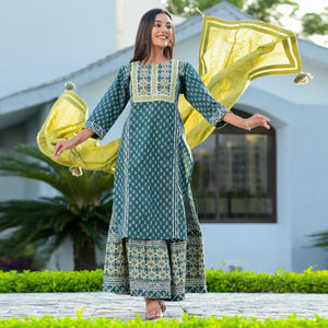Green Partywear Floral Embroidered With Miroor Cotton Palazzo Suit - Peachmode
