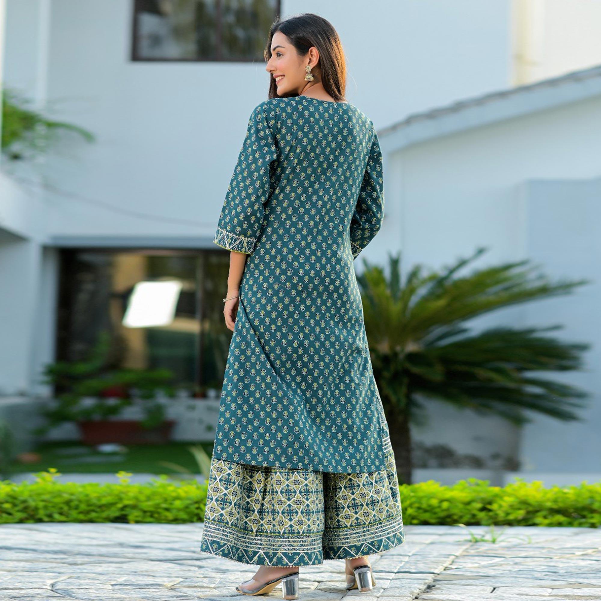 Green Partywear Floral Embroidered With Miroor Cotton Palazzo Suit - Peachmode
