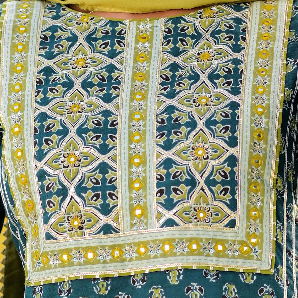 Green Partywear Floral Embroidered With Miroor Cotton Palazzo Suit - Peachmode