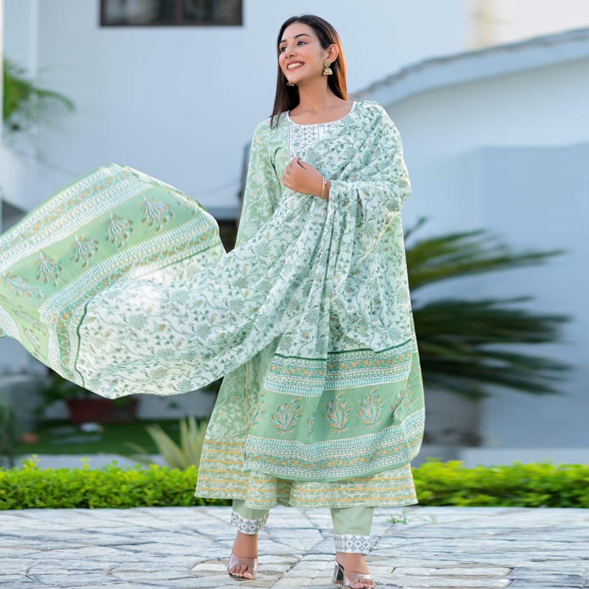 Green Partywear Floral Embroidered With Print Cotton Anarkali Suit - Peachmode