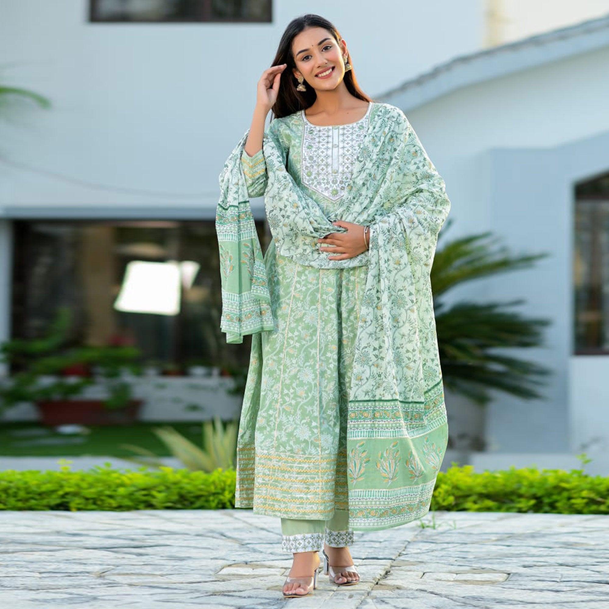 Green Partywear Floral Embroidered With Print Cotton Anarkali Suit - Peachmode