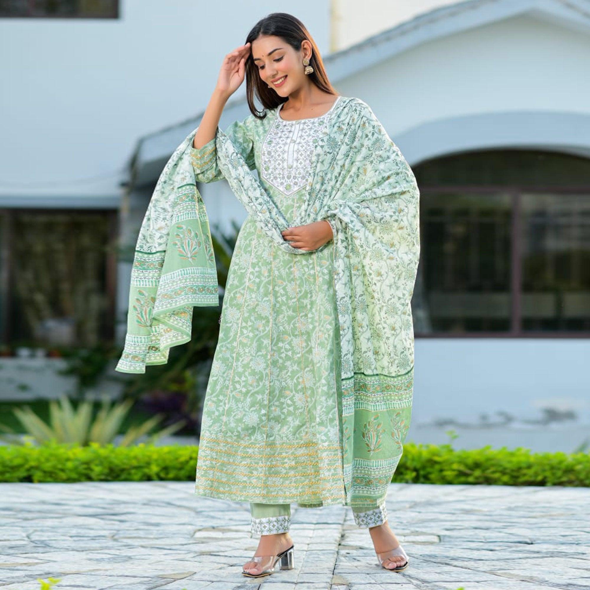 Green Partywear Floral Embroidered With Print Cotton Anarkali Suit - Peachmode