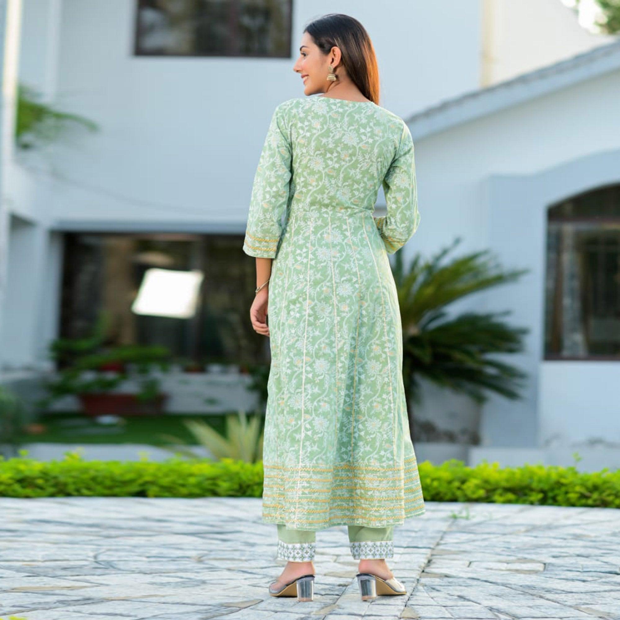 Green Partywear Floral Embroidered With Print Cotton Anarkali Suit - Peachmode