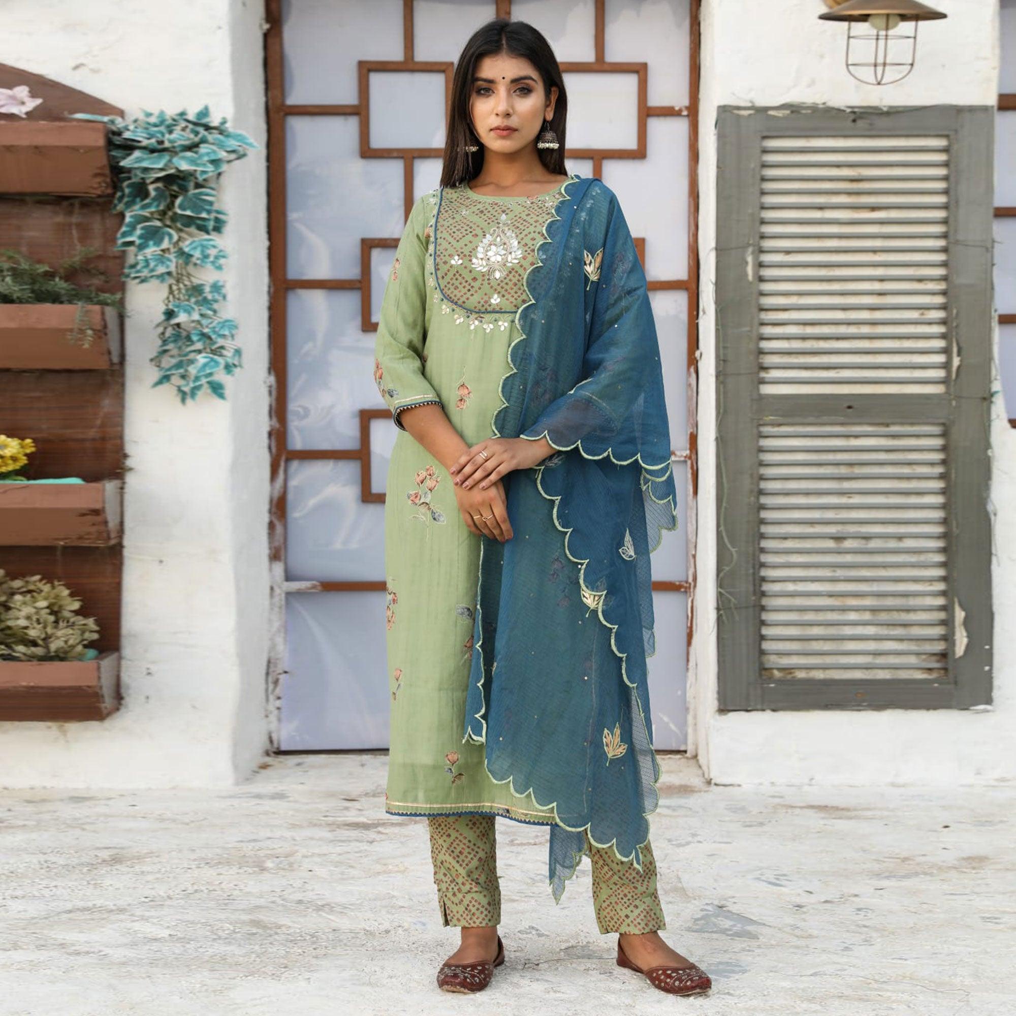 Green Partywear Floral Print With Embroidered Cotton Kurti Pant Set With Dupatta - Peachmode