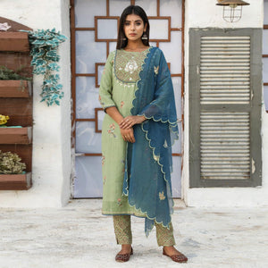Green Partywear Floral Print With Embroidered Cotton Kurti Pant Set With Dupatta - Peachmode