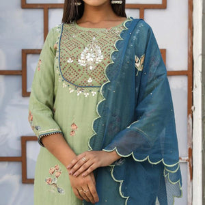 Green Partywear Floral Print With Embroidered Cotton Kurti Pant Set With Dupatta - Peachmode