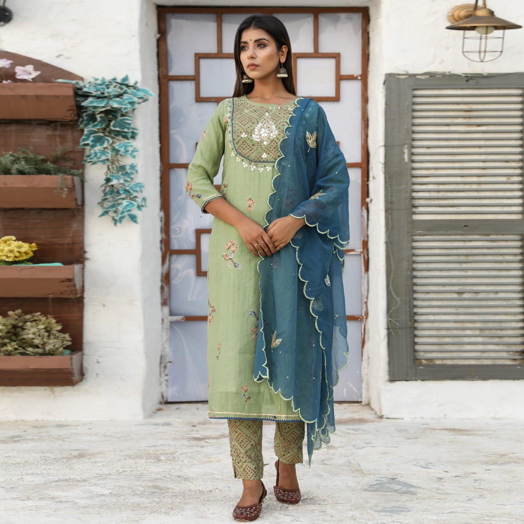Green Partywear Floral Print With Embroidered Cotton Kurti Pant Set With Dupatta - Peachmode