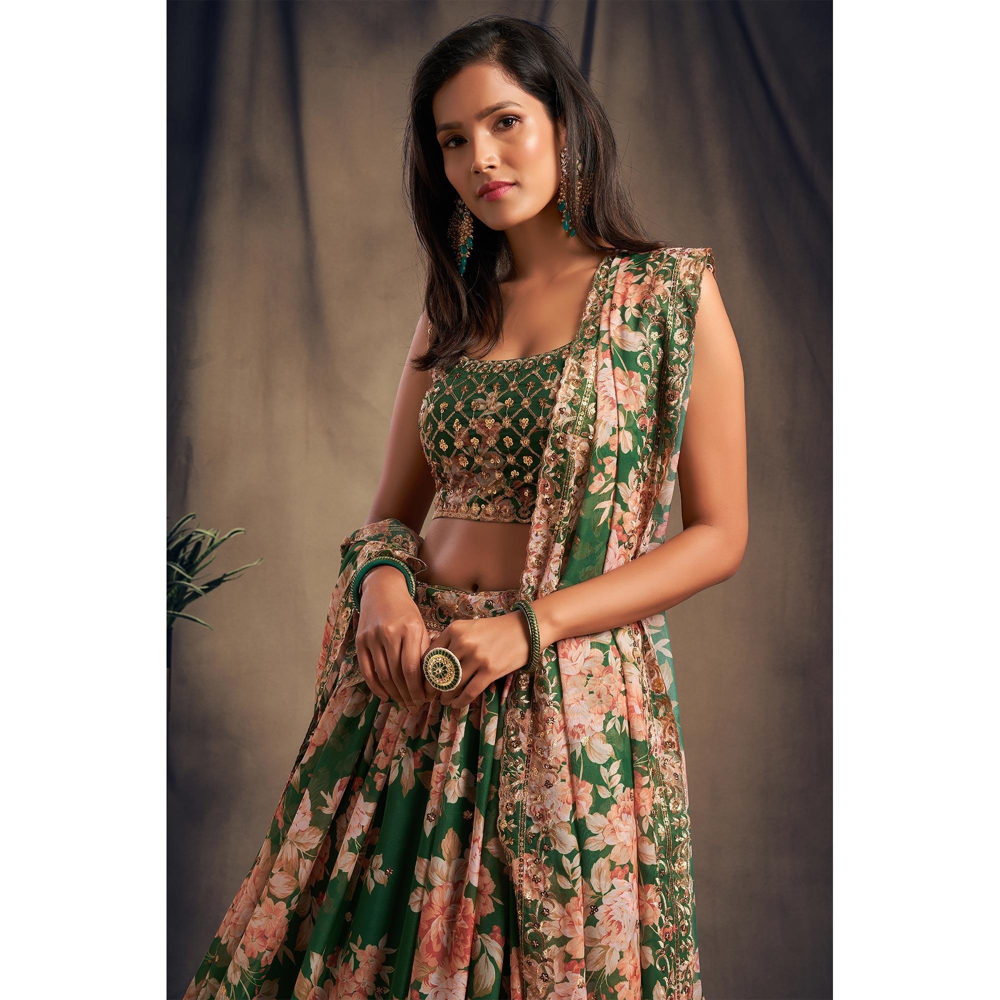Green Partywear Floral Print With Sequin Zari Embroidered Organza Lehenga Choli - Peachmode