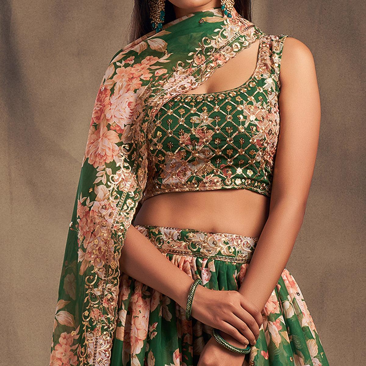 Green Partywear Floral Print With Sequin Zari Embroidered Organza Lehenga Choli - Peachmode