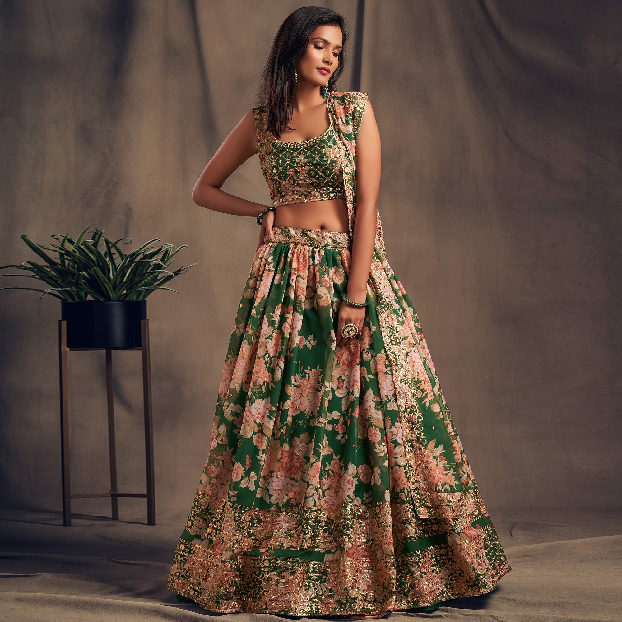 Green Partywear Floral Print With Sequin Zari Embroidered Organza Lehenga Choli - Peachmode