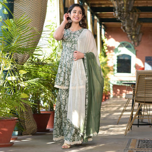 Green Partywear Floral Printed Cotton Sharara Suit - Peachmode
