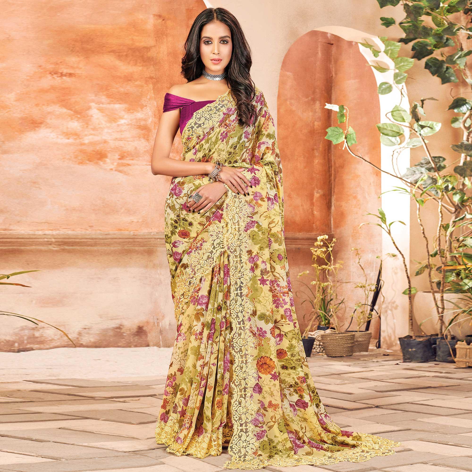 Green Partywear Floral Printed Georgette Saree Designer Lace - Peachmode