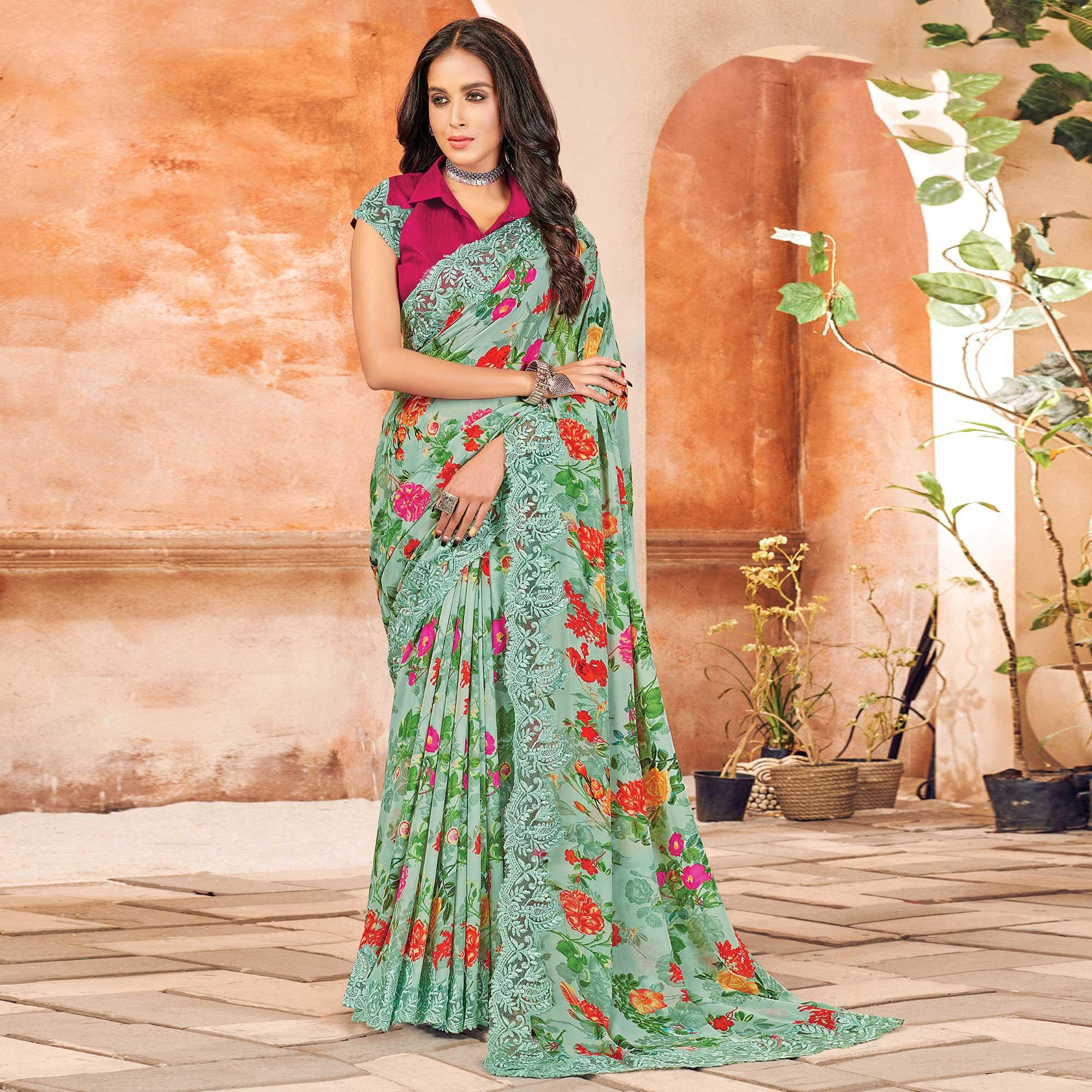 Green Partywear Floral Printed Georgette Saree Designer Lace - Peachmode