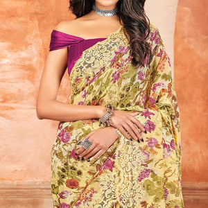 Green Partywear Floral Printed Georgette Saree Designer Lace - Peachmode