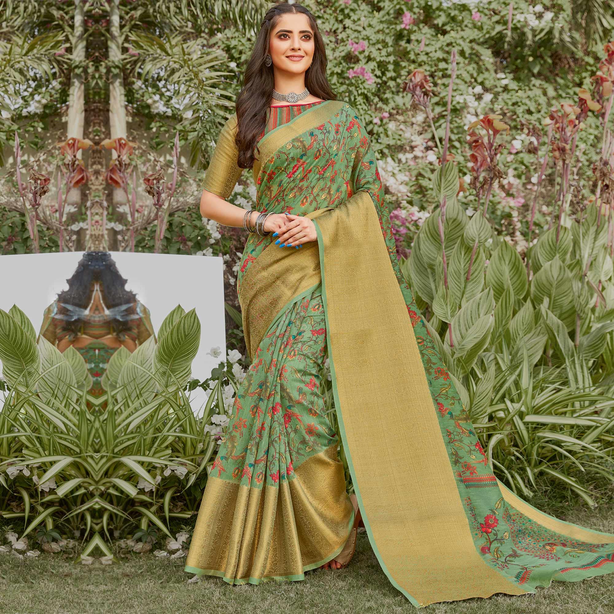 Green Partywear Floral Printed Linen Saree - Peachmode