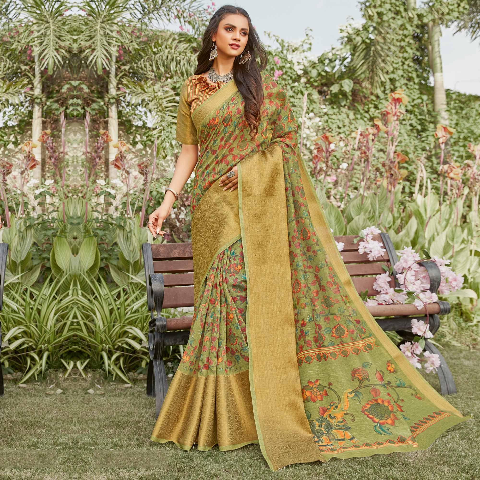 Green Partywear Floral Printed Linen Saree - Peachmode