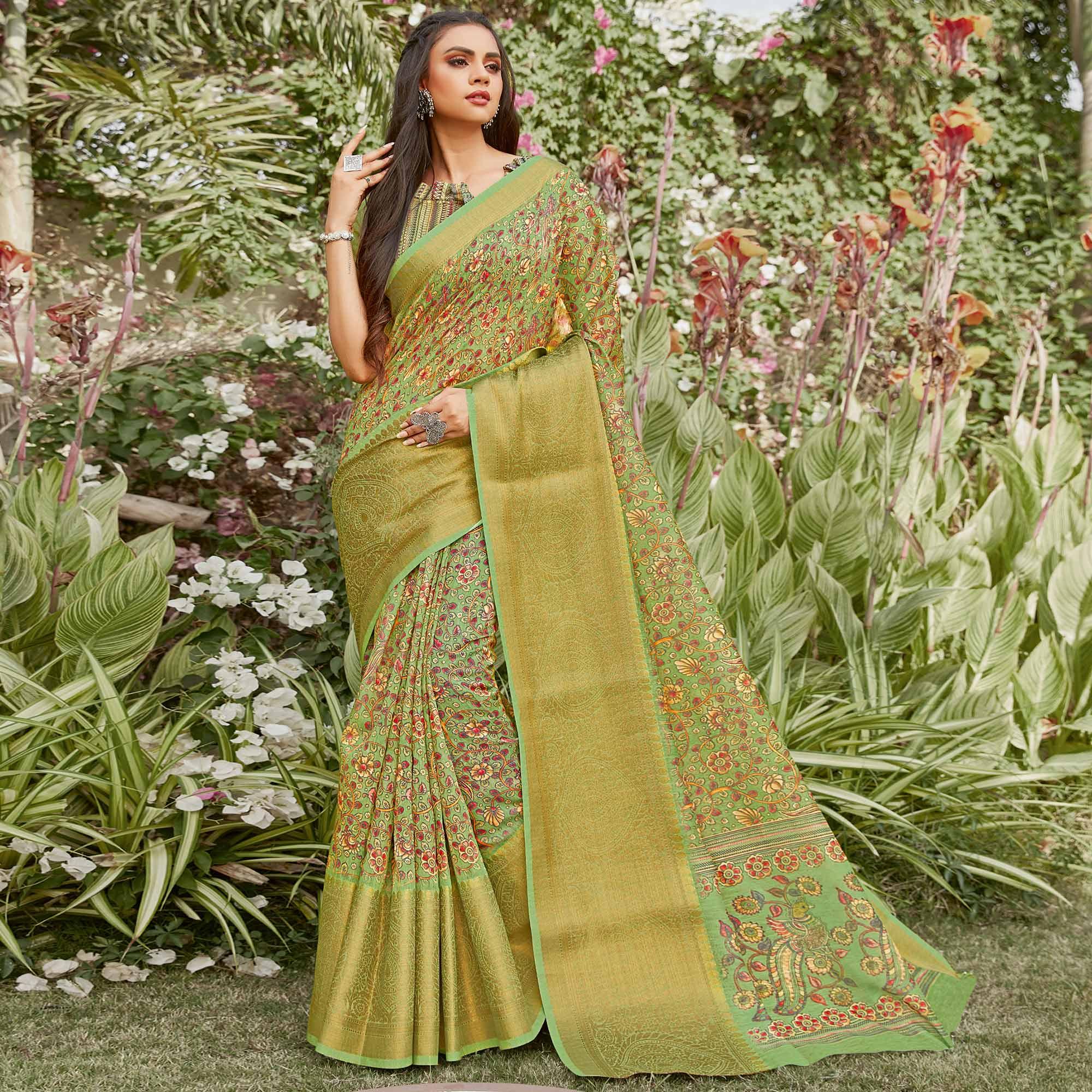Green Partywear Floral Printed Linen Saree - Peachmode