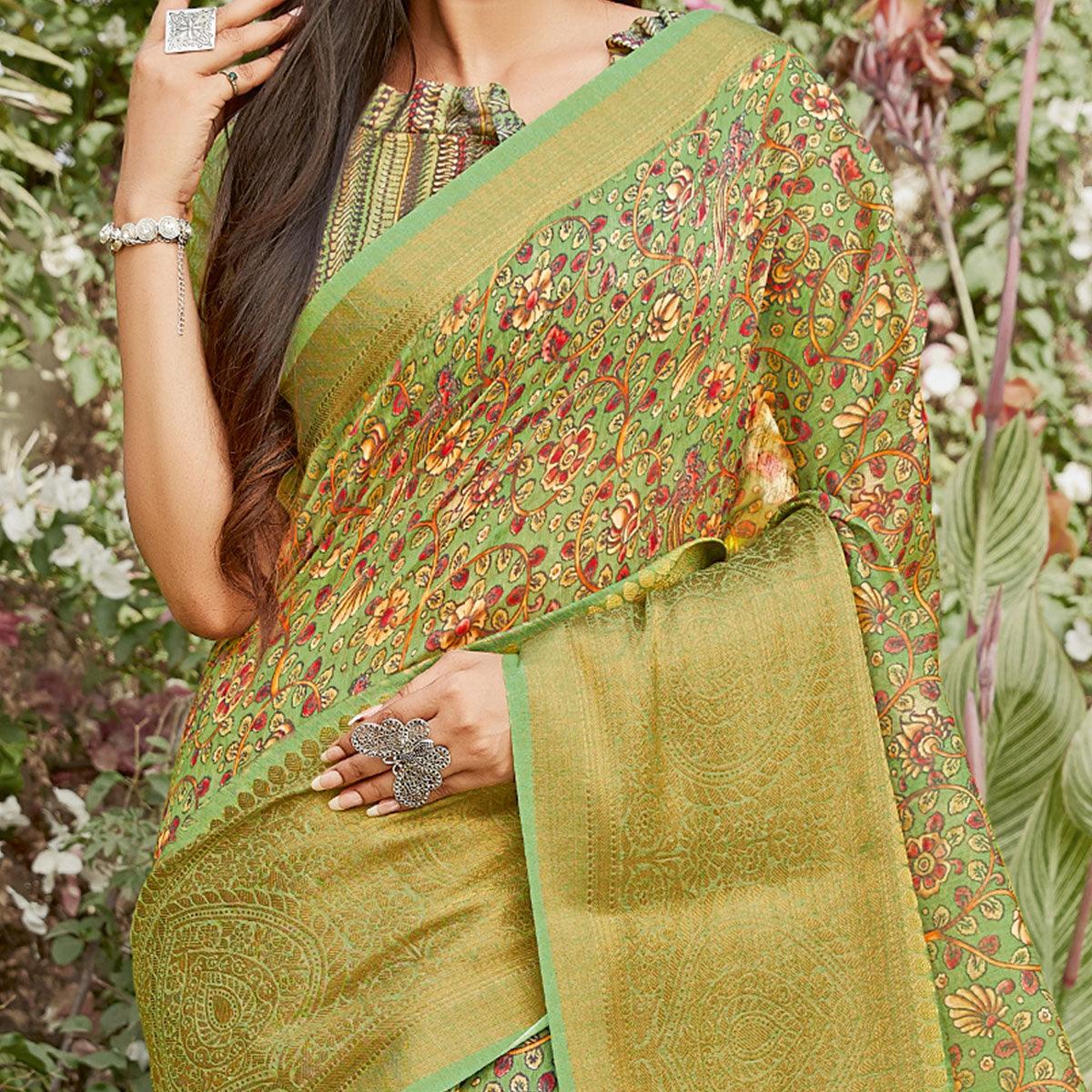 Green Partywear Floral Printed Linen Saree - Peachmode