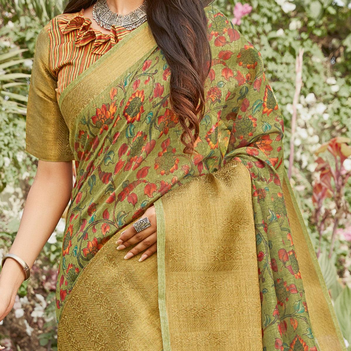 Green Partywear Floral Printed Linen Saree - Peachmode
