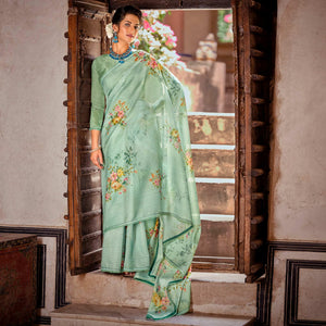 Green Partywear Floral Printed With Sequence Jaal Organza Saree - Peachmode
