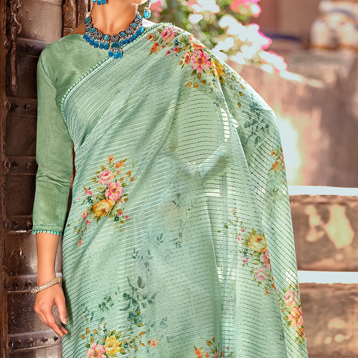 Green Partywear Floral Printed With Sequence Jaal Organza Saree - Peachmode