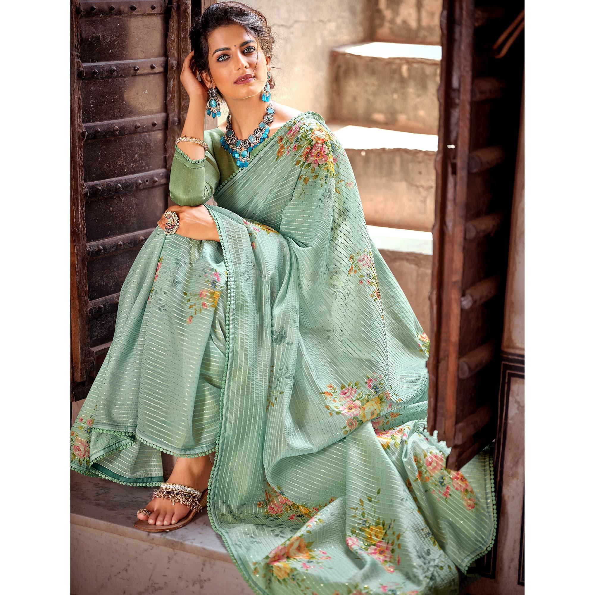 Green Partywear Floral Printed With Sequence Jaal Organza Saree - Peachmode