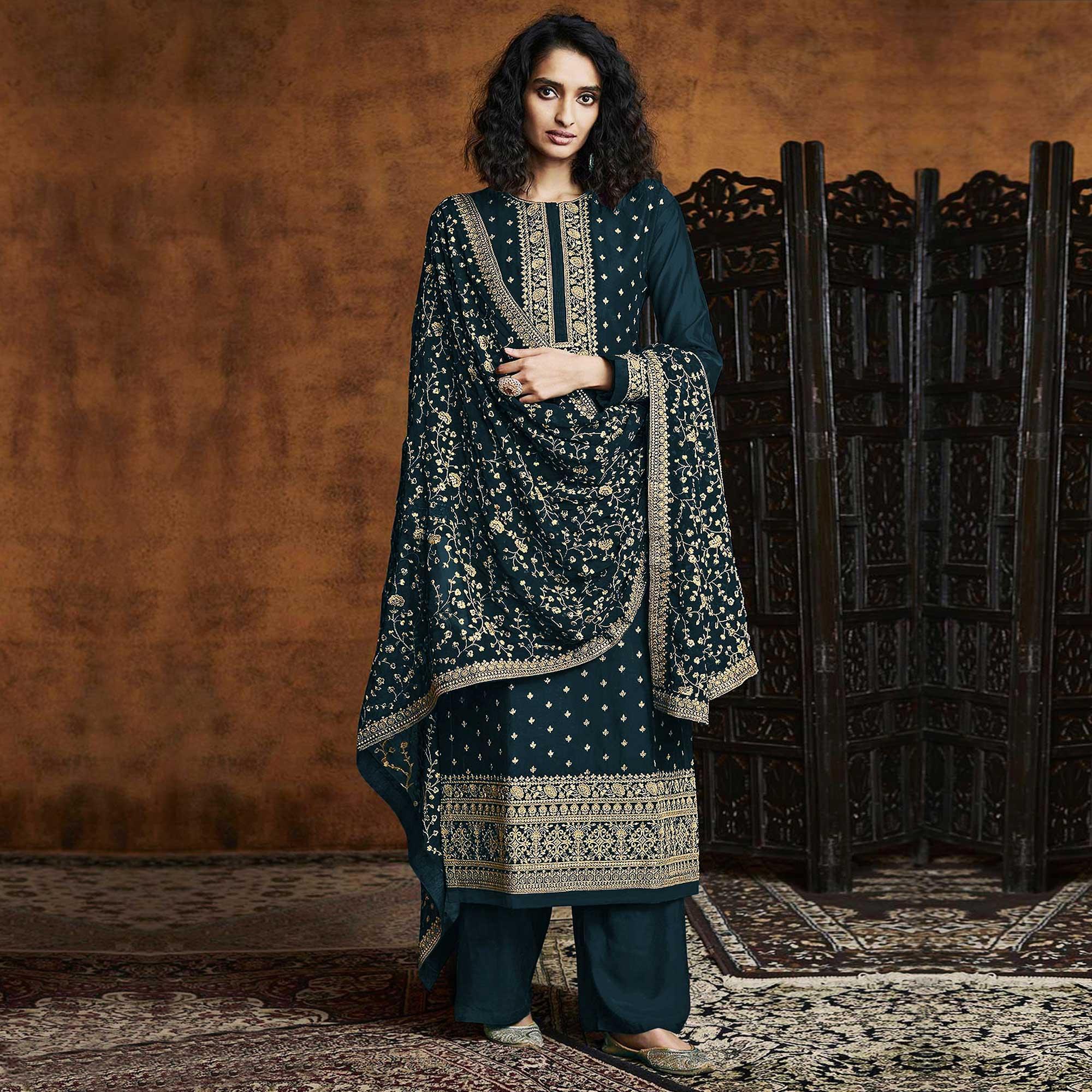 Green Partywear Floral Sequins Embroidery Georgette Palazzo Suit - Peachmode