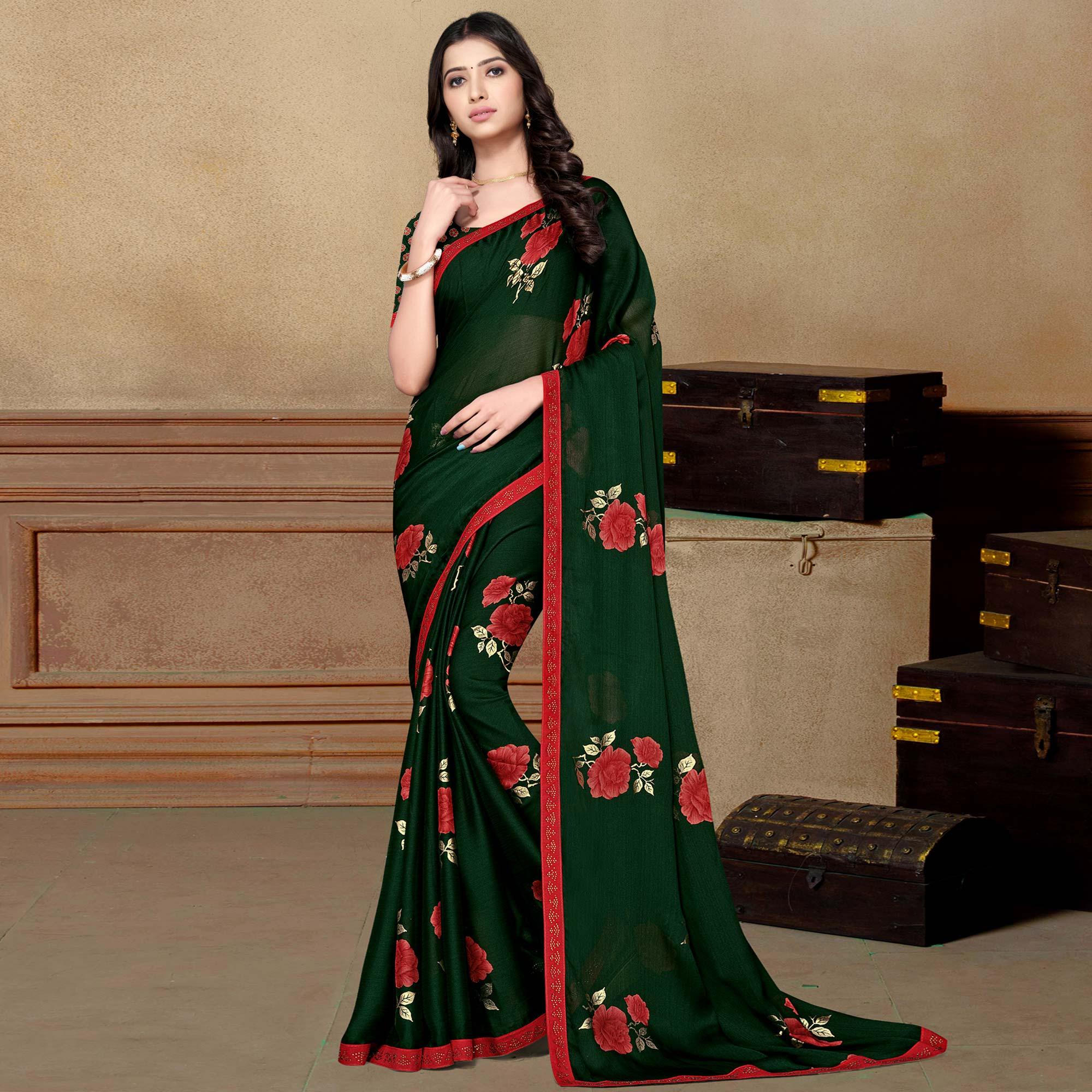 Green Partywear Foil Printed & Embellished Moss Chiffon Saree - Peachmode