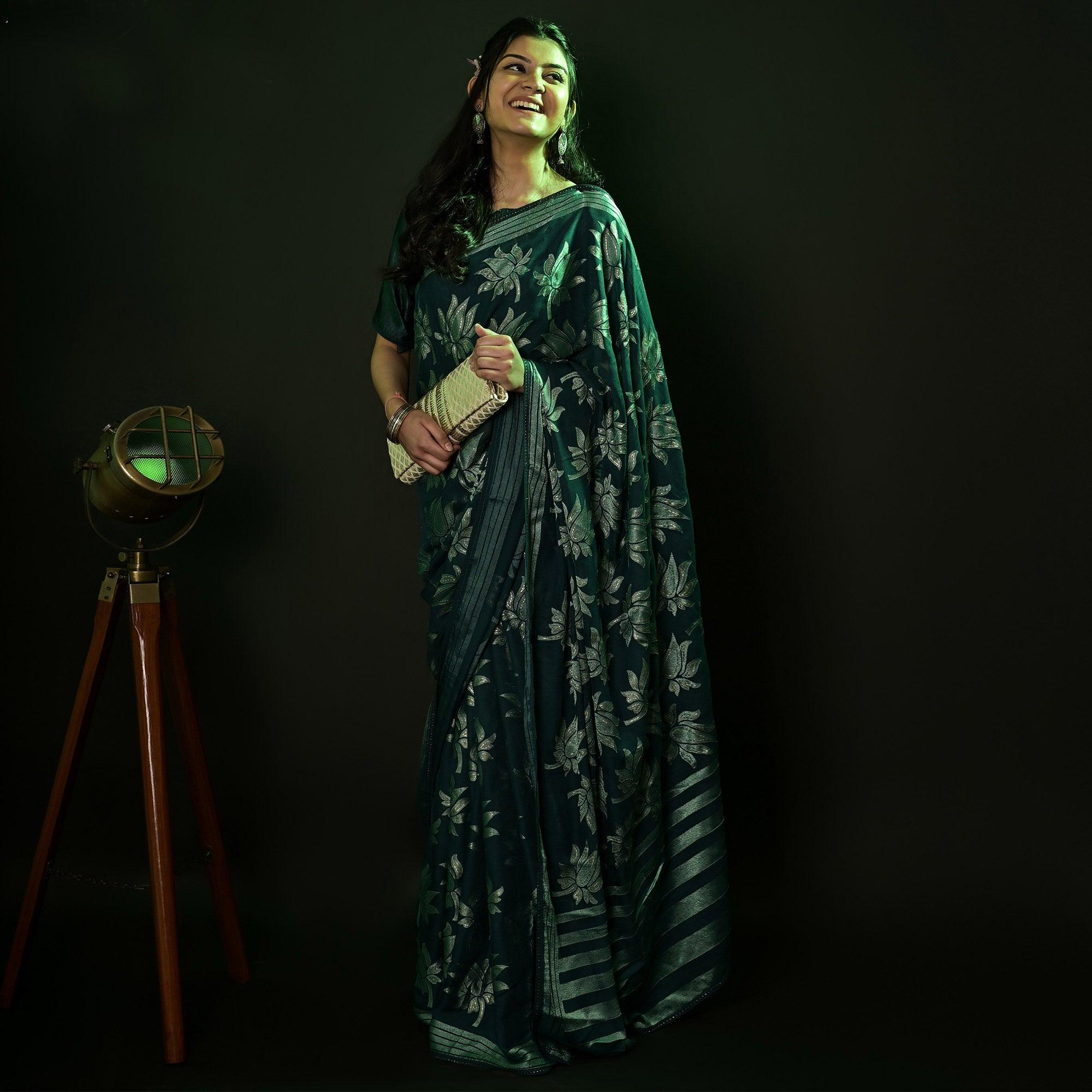 Green Partywear Foil Printed Diamond Lace Brasso Saree - Peachmode