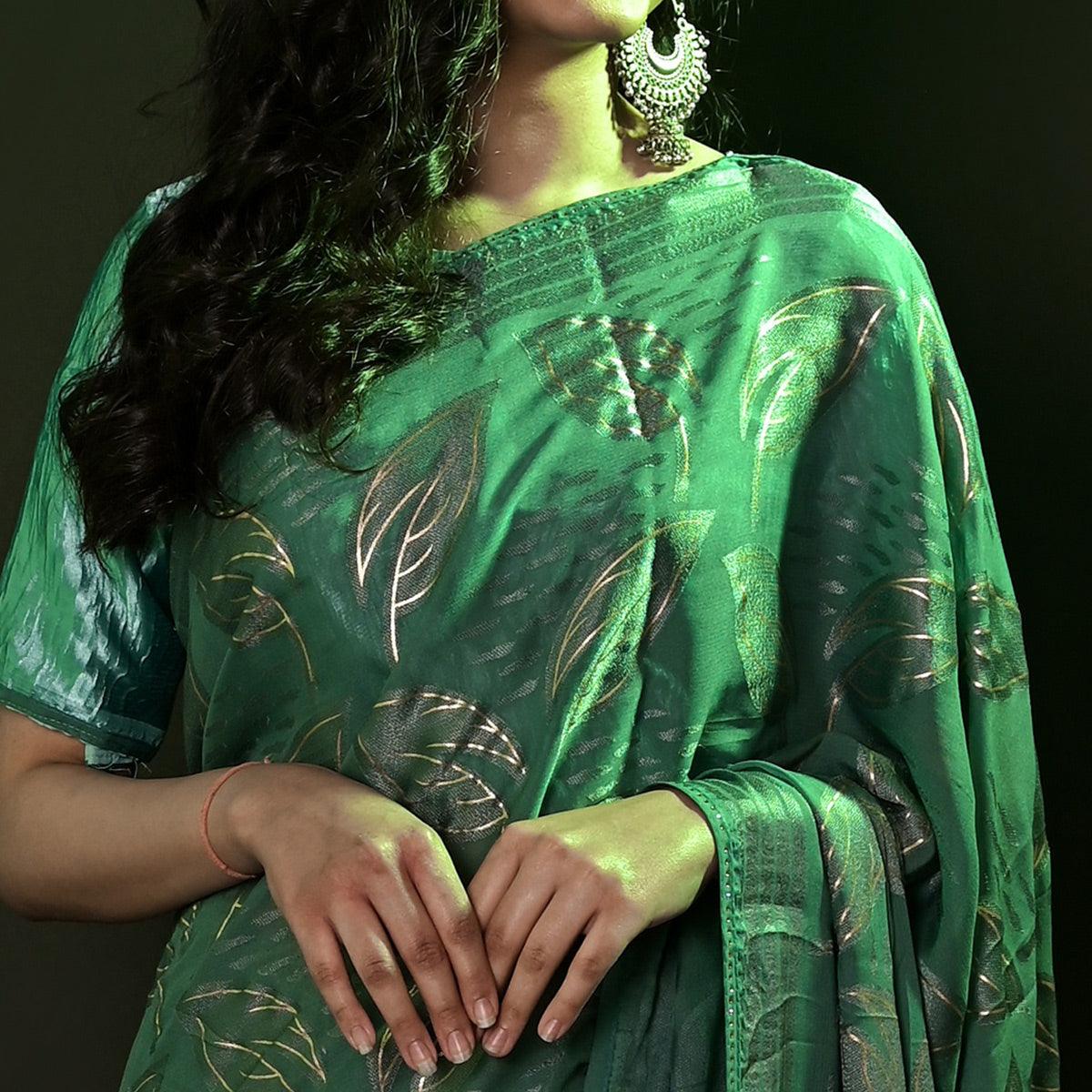 Green Partywear Foil Printed Diamond Lace Brasso Saree - Peachmode