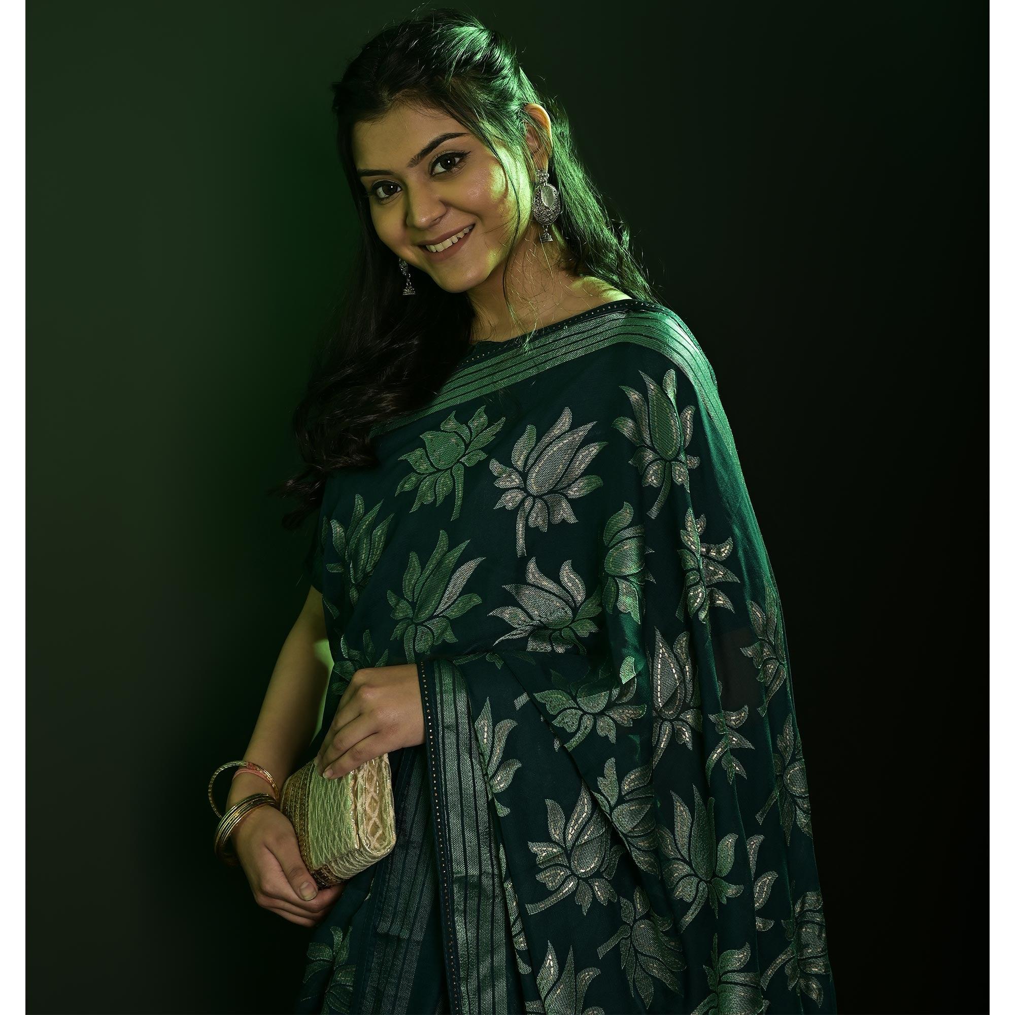 Green Partywear Foil Printed Diamond Lace Brasso Saree - Peachmode