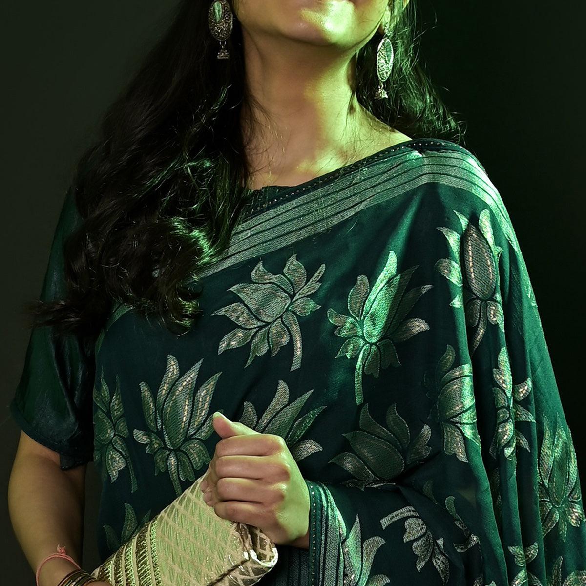 Green Partywear Foil Printed Diamond Lace Brasso Saree - Peachmode