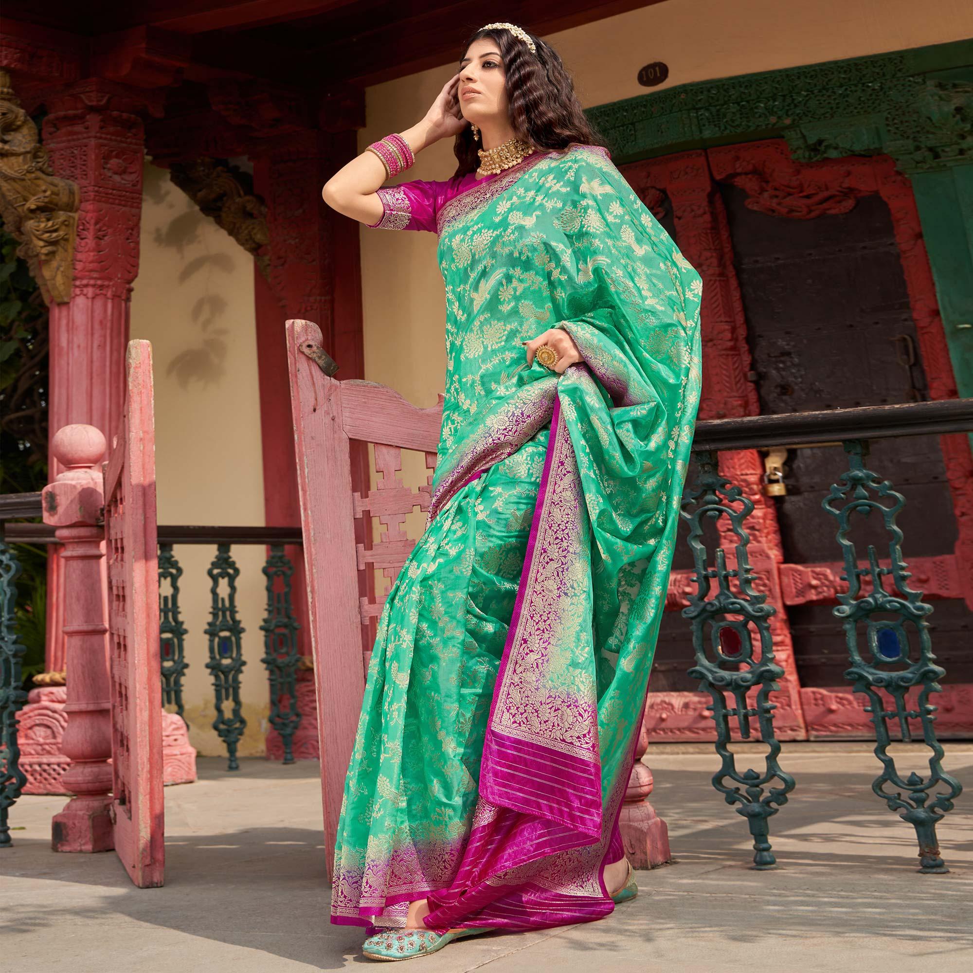Green Partywear Foil Printed Silk Organza Saree - Peachmode
